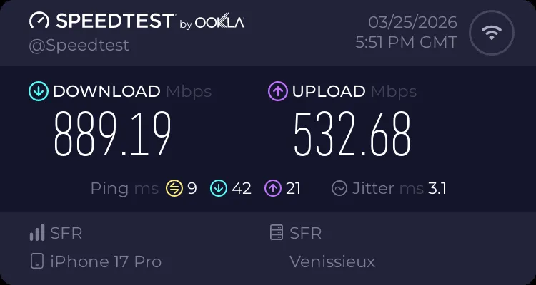 Test de débit Speedtest du Wi-Fi fibre SFR du chalet : 889 Mb/s en téléchargement et 533 Mb/s en envoi.